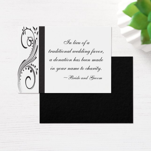 Black and White Swirls Wedding Charity Favor Card (Desk)