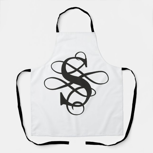 Black and White Swirly Flourish Initial Monogram Apron (Front)