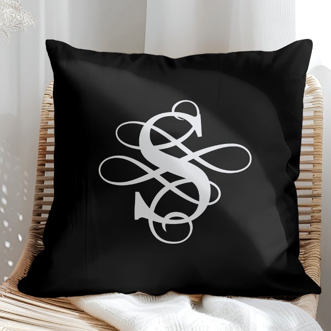 Black and White Swirly Flourish Initial Monogram Throw Pillow (Creator Uploaded)