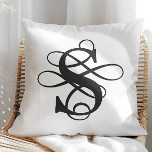 Black and White Swirly Flourish Initial Monogram Throw Pillow