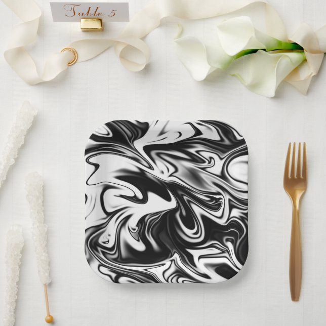 Black And White Swirly Marble Design, Paper Plate (Wedding)