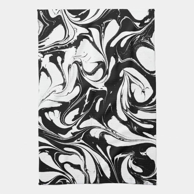 Black And White Swirly Marble Pattern Kitchen Towel (Vertical)