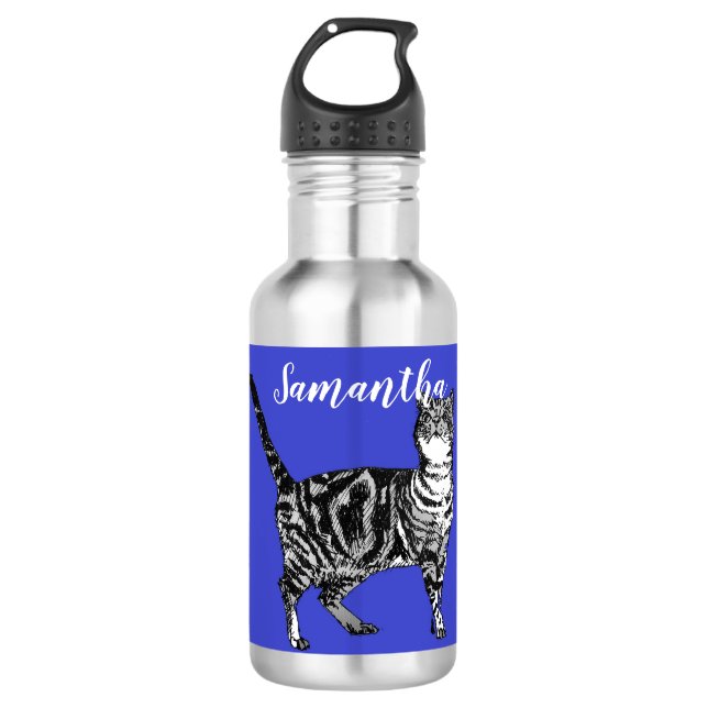 Black and White Tabby Cat Cats Blue Water Bottle (Front)