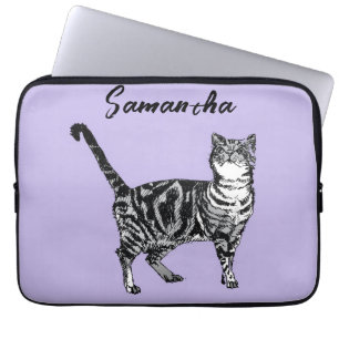 Black and White Tabby Cat Girls Name Purple Laptop Sleeve