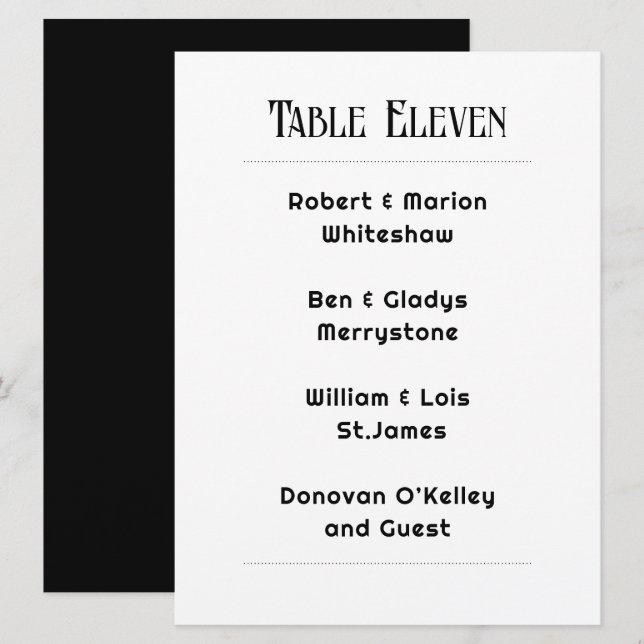 Black and White Table Number Guest List Card (Front/Back)