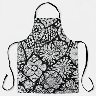 Black and White Tangle Flowers Apron