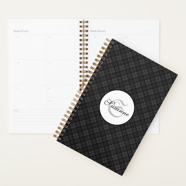 Black and White tartan Christmas plaid Monogram Planner (Display)