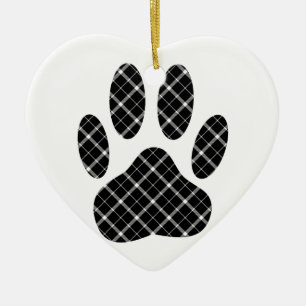 Black And White Tartan Dog Paw Print Ceramic Ornament