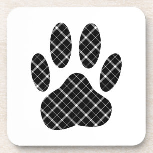 Black And White Tartan Dog Paw Print Coaster