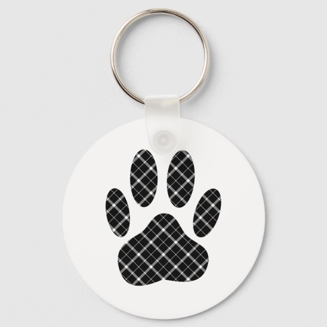 Black And White Tartan Dog Paw Print Keychain (Front)