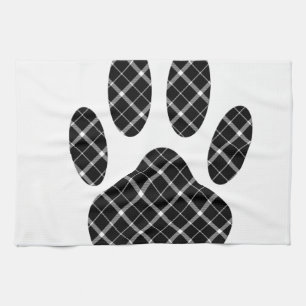 Black And White Tartan Dog Paw Print Kitchen Towel