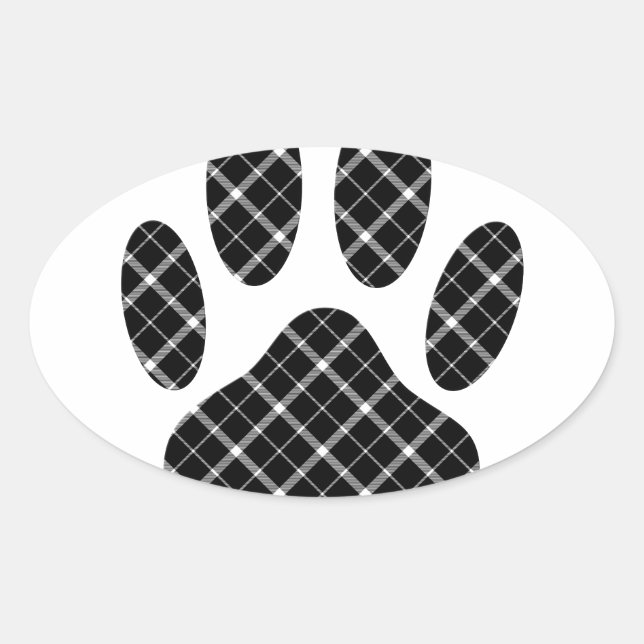 Black And White Tartan Dog Paw Print Oval Sticker (Front)