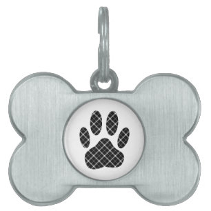 Black And White Tartan Dog Paw Print Pet ID Tag