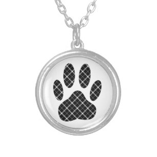 Black And White Tartan Dog Paw Print Silver Plated Necklace