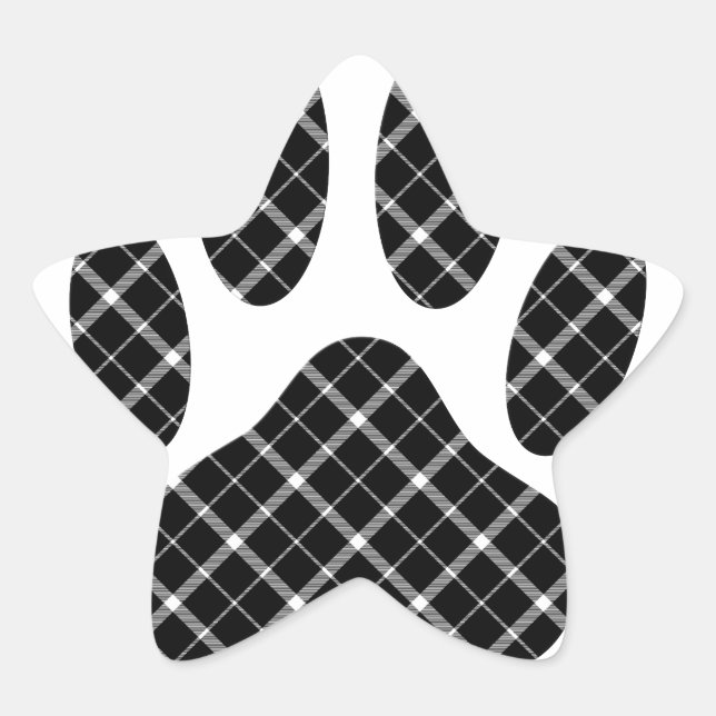 Black And White Tartan Dog Paw Print Star Sticker (Front)