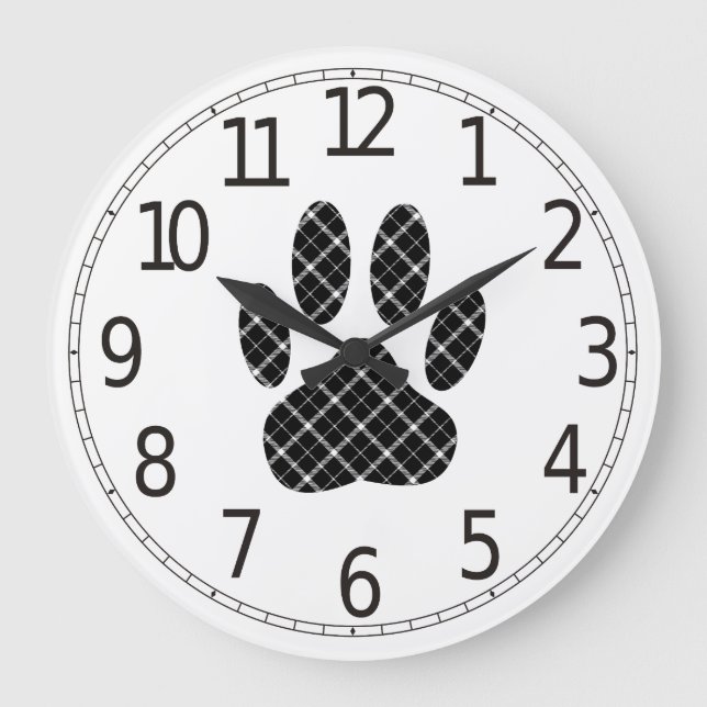Black And White Tartan Paw Print Large Clock (Front)