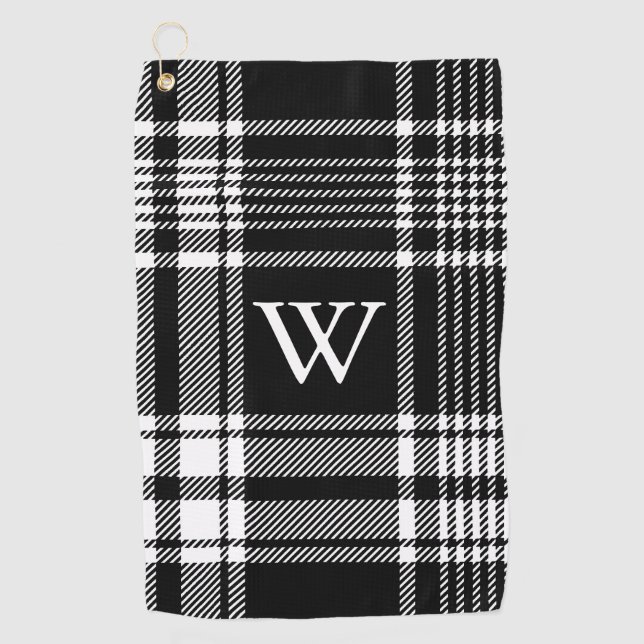 Black and White Tartan Plaid Golf Towel (Front)