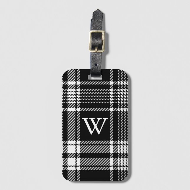 Black and White Tartan Plaid Luggage Tag (Front Vertical)
