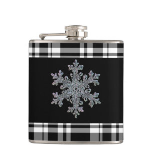 Black and white tartan plaid, snowflakes hip flask