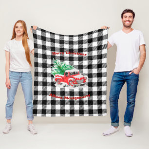 Black and white tartan red Christmas truck Fleece Blanket