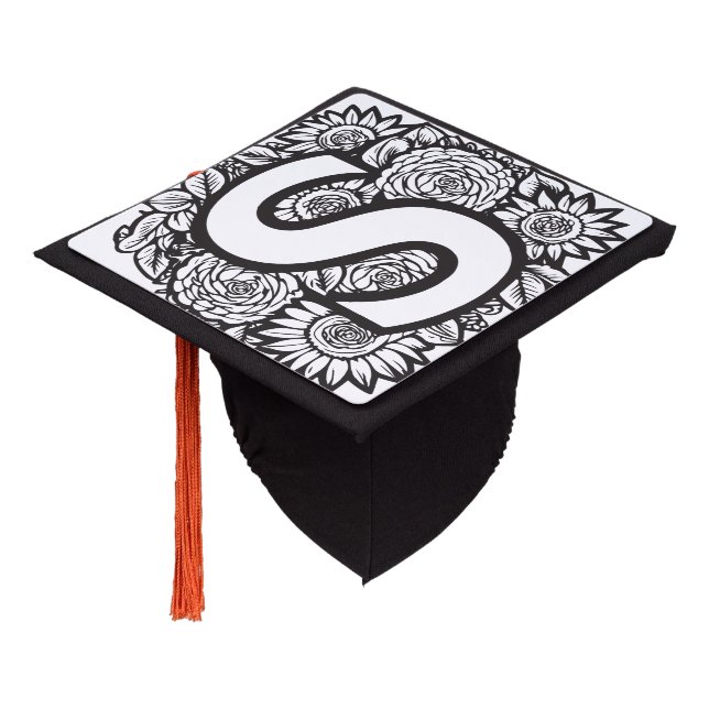 Black and White Tattoo-Style Ink Flowers Monogram Graduation Cap Topper (Angled)