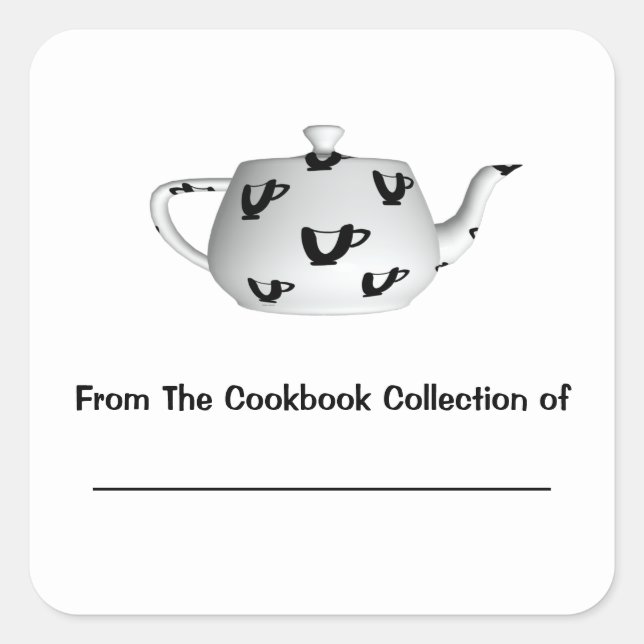 Black And White Teapot Personalized Bookplate Square Sticker (Front)