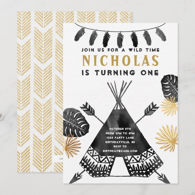 Black and White Teepee Birthday Invitation (Front/Back)