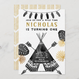 Black and White Teepee Birthday Invitation
