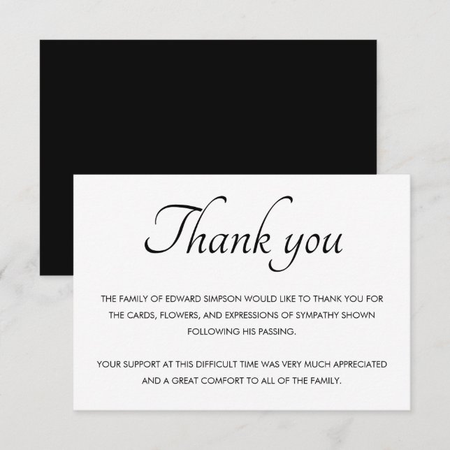 Black And White Thank You From Family Memorial  Card (Front/Back)