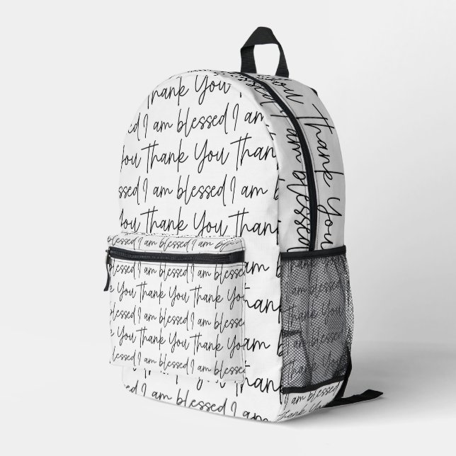 Black and White Thank You I am Blessed Typography  Printed Backpack (Back Corner Right)