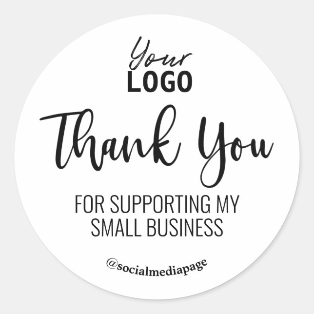 Black And White Thank You Supporting Business Logo Classic Round Sticker (Front)