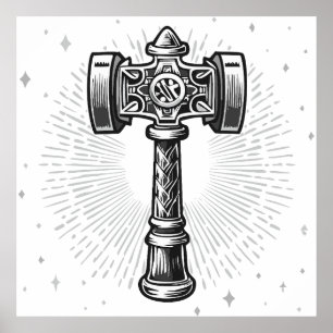 Black and white Thor's Hammer Mjolnir Poster
