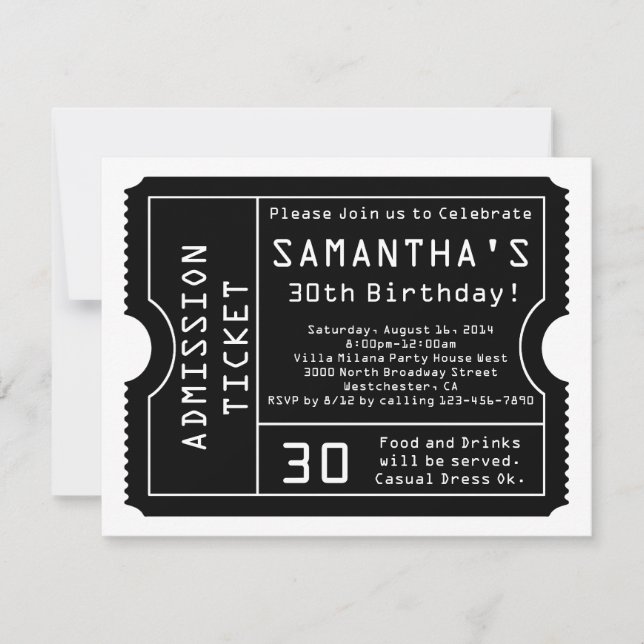 Black and White Ticket Invitation, Digital Style Invitation (Front)