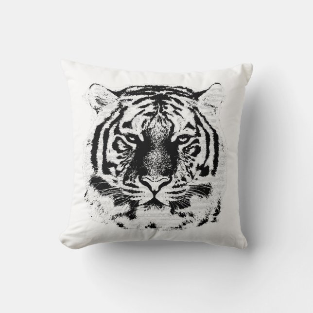 Black and White Tiger Face Close Up Throw Pillow (Front)