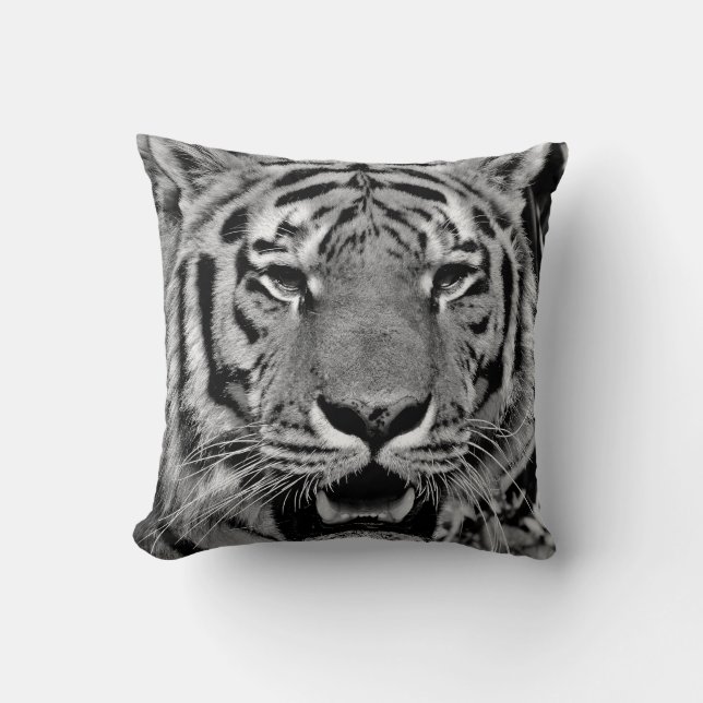 Black and White Tiger Face Throw Pillow (Front)