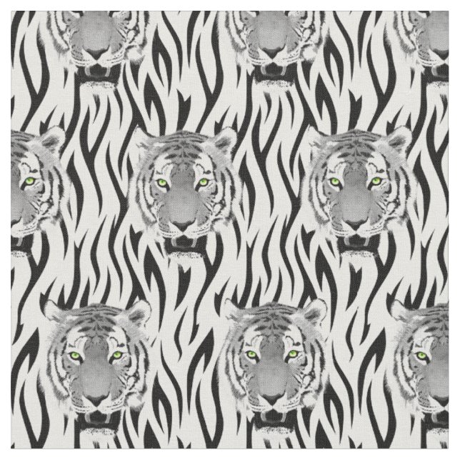Black and White Tiger Face With Stripes Fabric (Close Up)