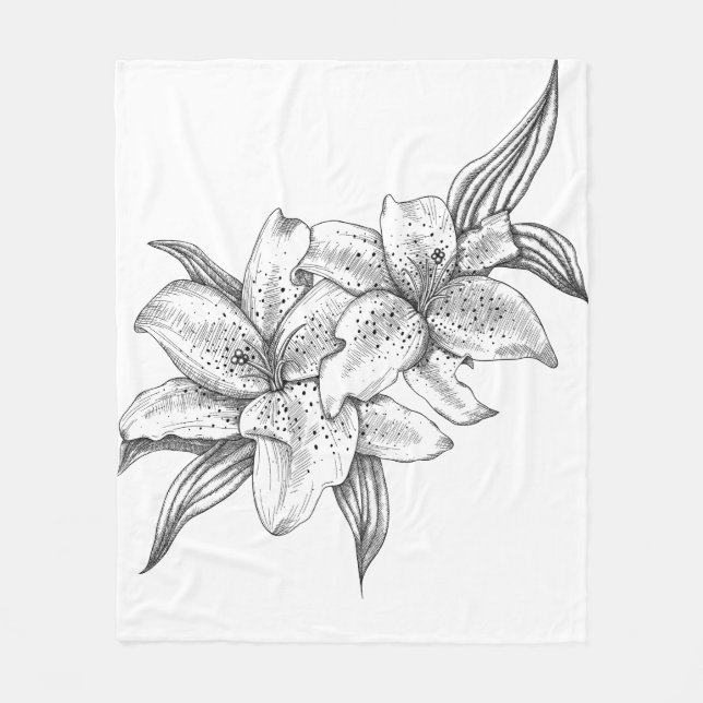 Black and White Tiger Lily Fleece Blanket (Front)