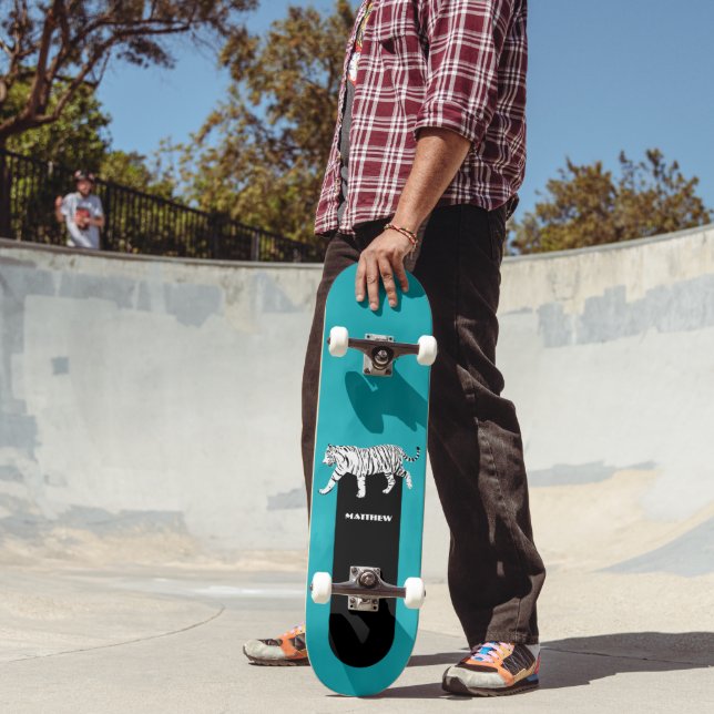 Black and White Tiger on Teal Personalized Skateboard (Outdoor 2)