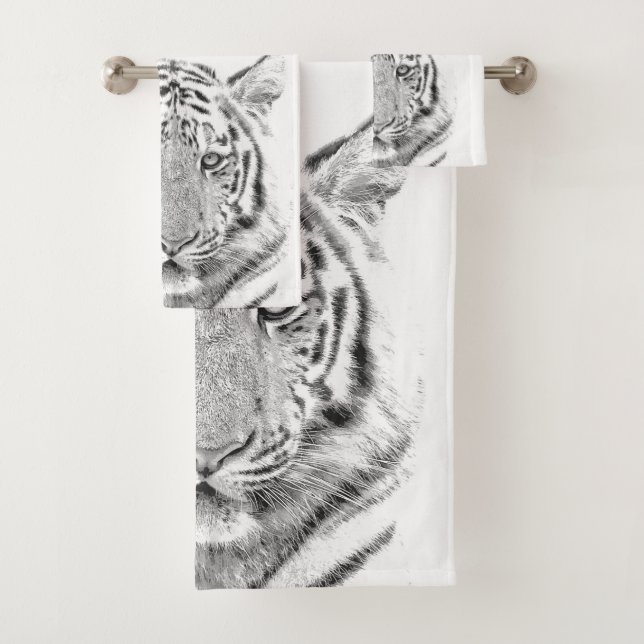 Black and White Tiger Portrait Bath Towel Set (Insitu)