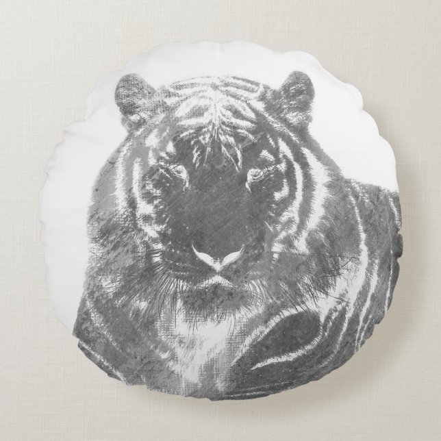 Black and White Tiger Round Pillow (Front)
