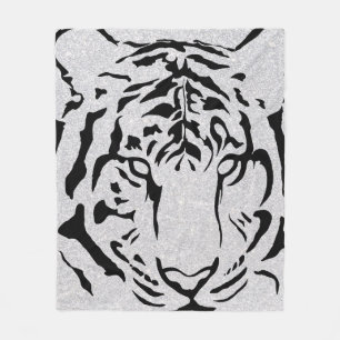 Black and White Tiger Silhouette Fleece Blanket