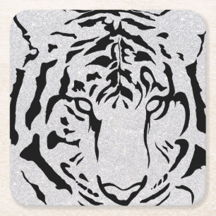 Black and White Tiger Silhouette Square Paper Coaster
