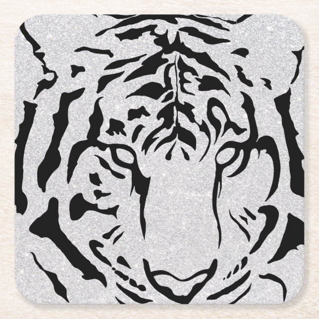 Black and White Tiger Silhouette Square Paper Coaster (Front)