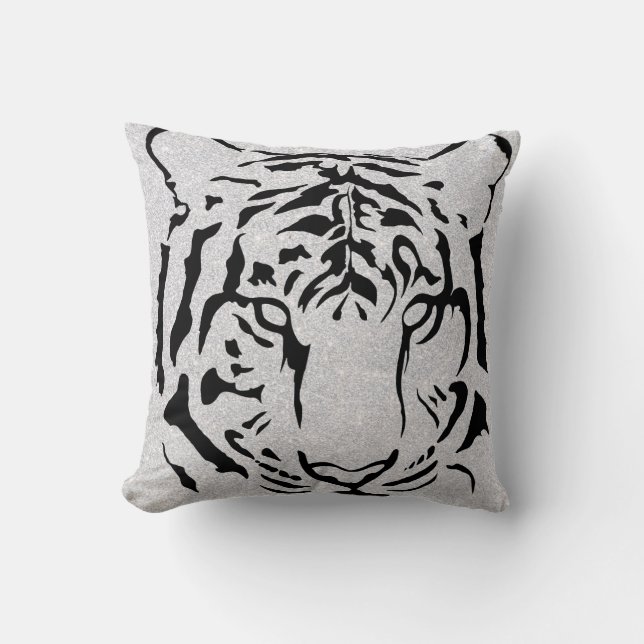 Black and White Tiger Silhouette Throw Pillow (Front)