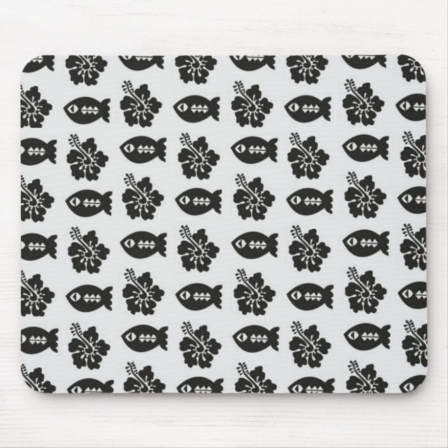 Black and White Tiki Fish and Flower Pattern Mouse Pad (Front)