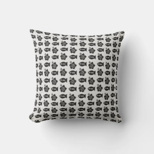 Black and White Tiki Fish and Flower Pattern Throw Pillow