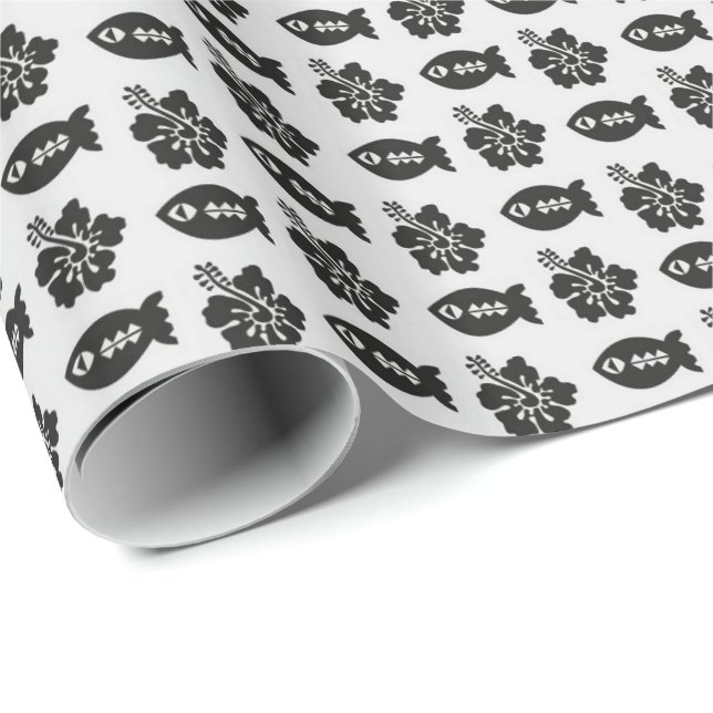 Black and White Tiki Fish and Flower Pattern Wrapping Paper (Roll Corner)