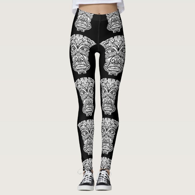 Black and White Tiki Mask Leggings (Front)
