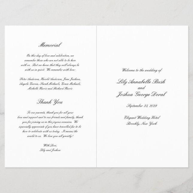Black and White Timeless Budget Wedding Program (Front)