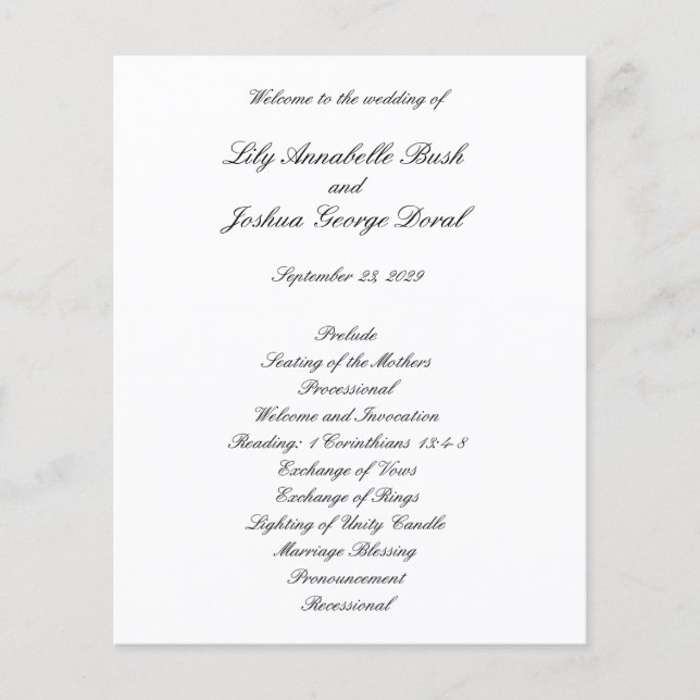 Black and White Timeless Budget Wedding Program (Front)